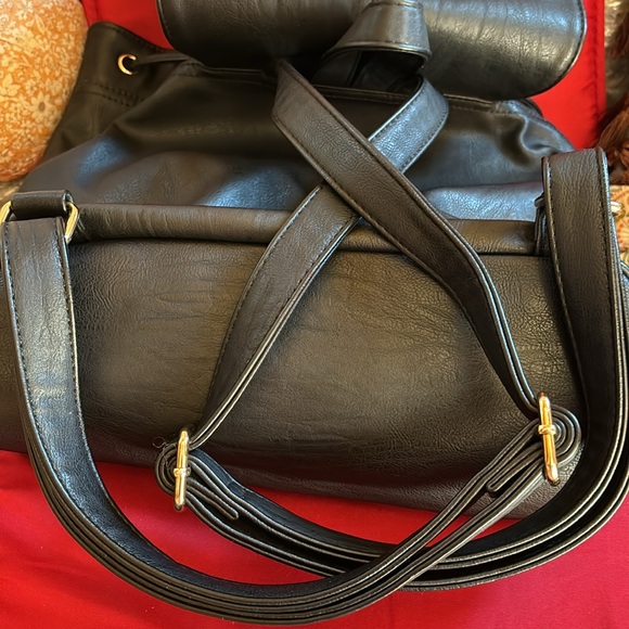 HYNES VICTORY Black Faux Leather Drawstring Backpack - 12" x 13" - Picture 3 of 12